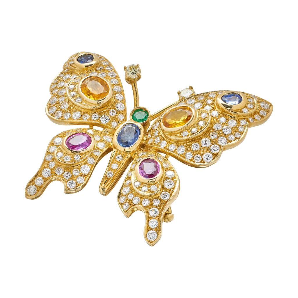 Gold, Multicolor Sapphire, Emerald, Diamond and Yellow Diamond Butterfly Brooch