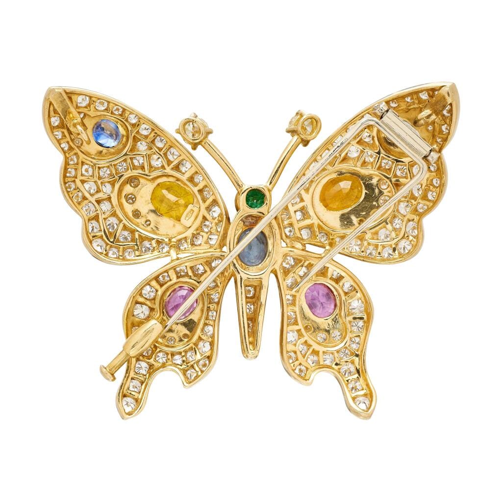 Gold, Multicolor Sapphire, Emerald, Diamond and Yellow Diamond Butterfly Brooch