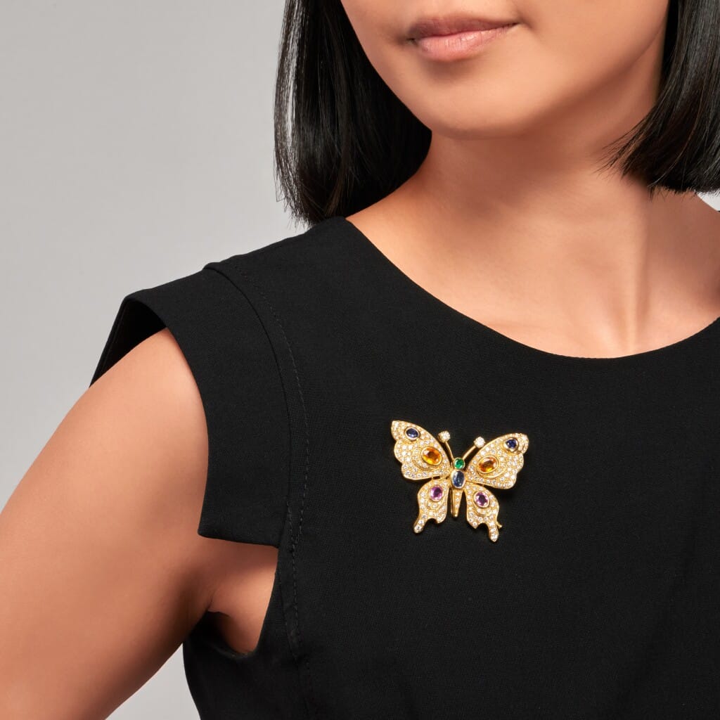 Gold, Multicolor Sapphire, Emerald, Diamond and Yellow Diamond Butterfly Brooch