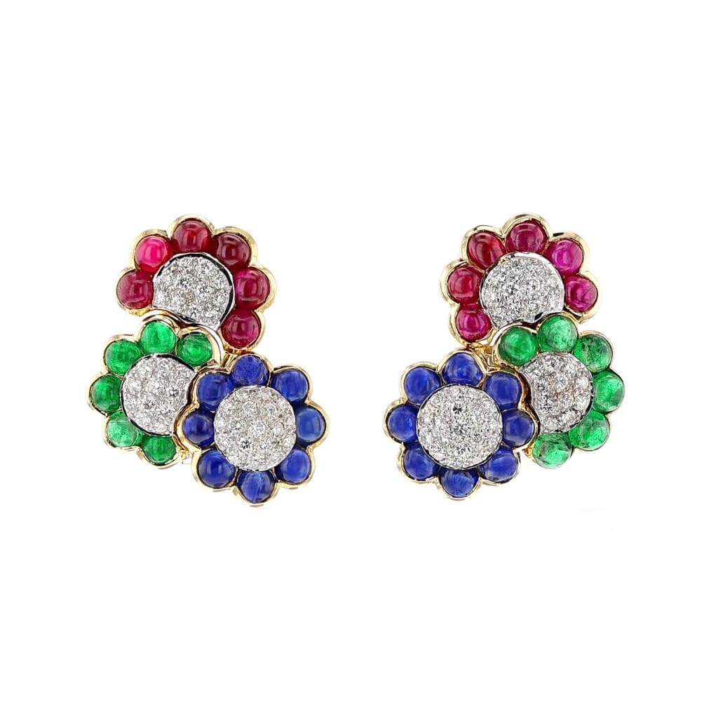 Gold, Ruby, Emerald, Sapphire and Diamond Flower Earclips