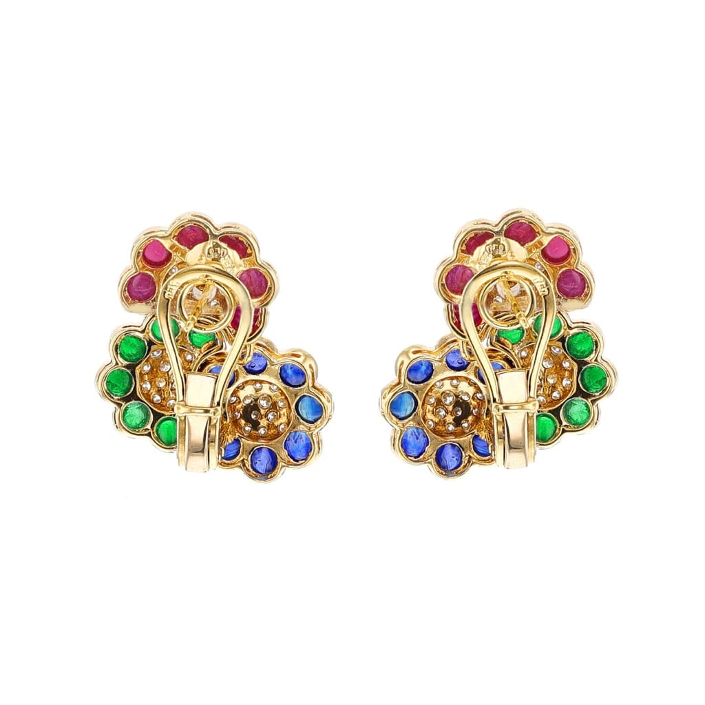 Gold, Ruby, Emerald, Sapphire and Diamond Flower Earclips