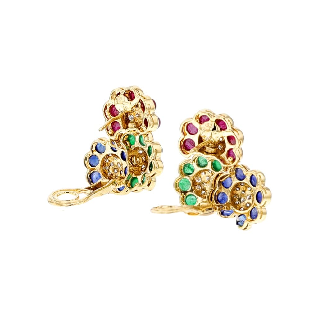 Gold, Ruby, Emerald, Sapphire and Diamond Flower Earclips