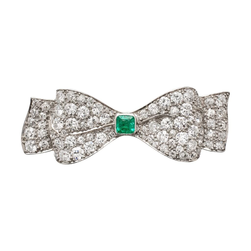 Platinum, Emerald and Diamond Bow Brooch
