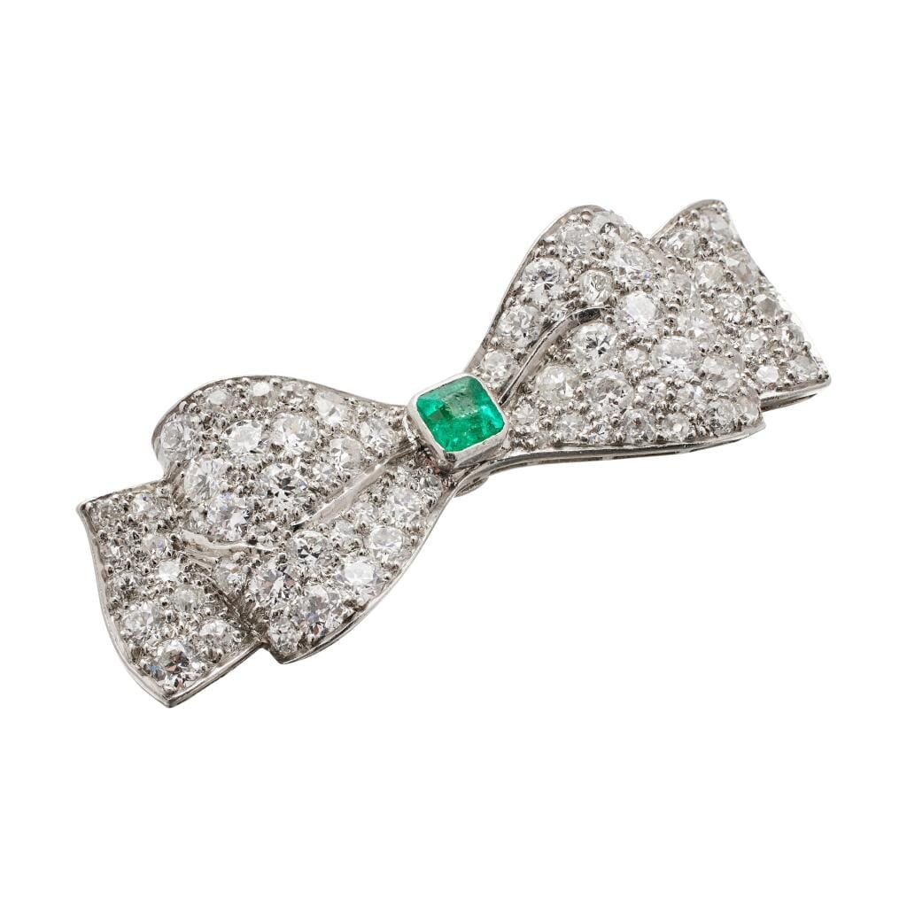Platinum, Emerald and Diamond Bow Brooch