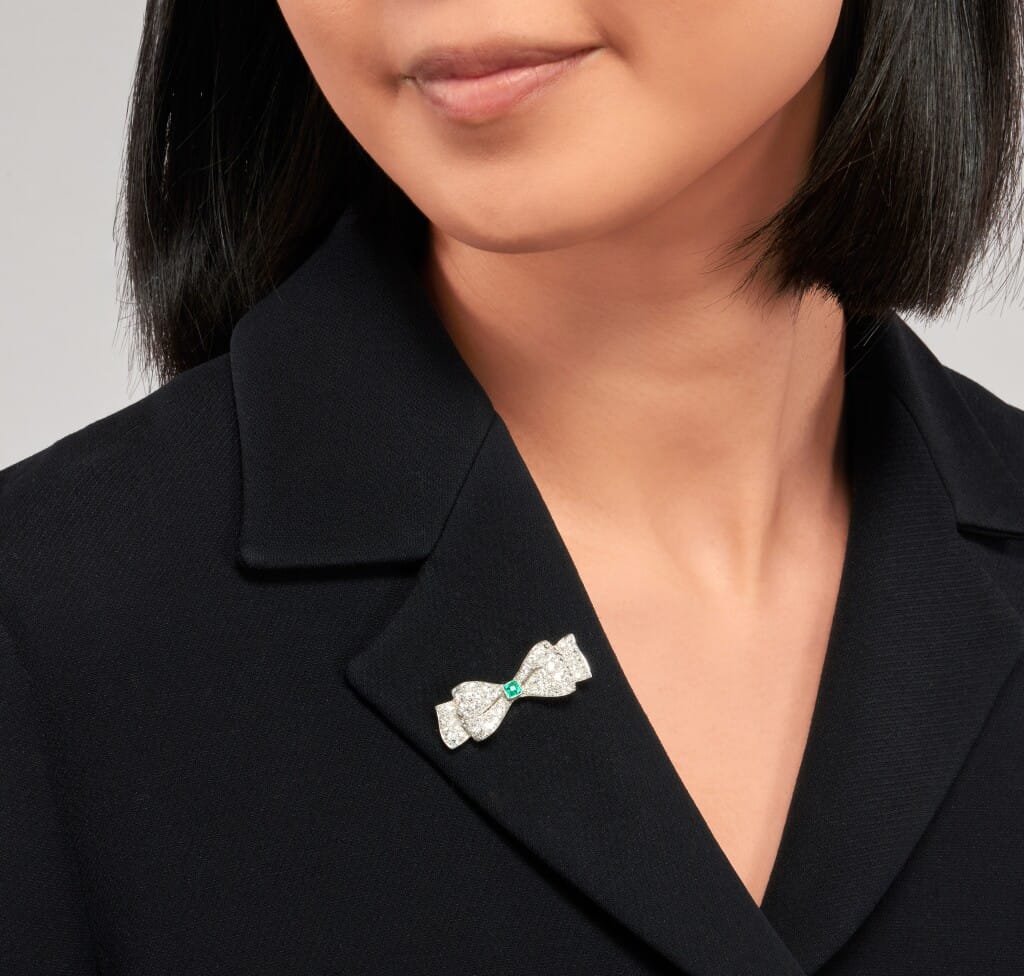 Platinum, Emerald and Diamond Bow Brooch