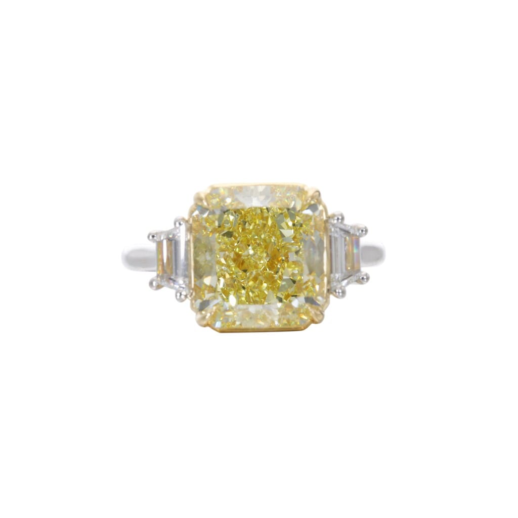 Platinum, Gold, 5.73ct Radiant Cut Fancy Intense Yellow Diamond and Diamond Engagement Ring