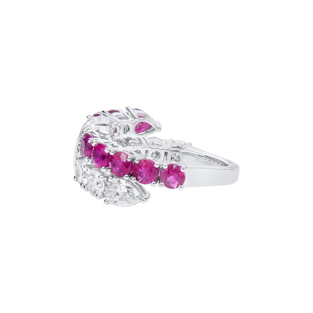 White Gold, Ruby and Diamond Bypass Ring