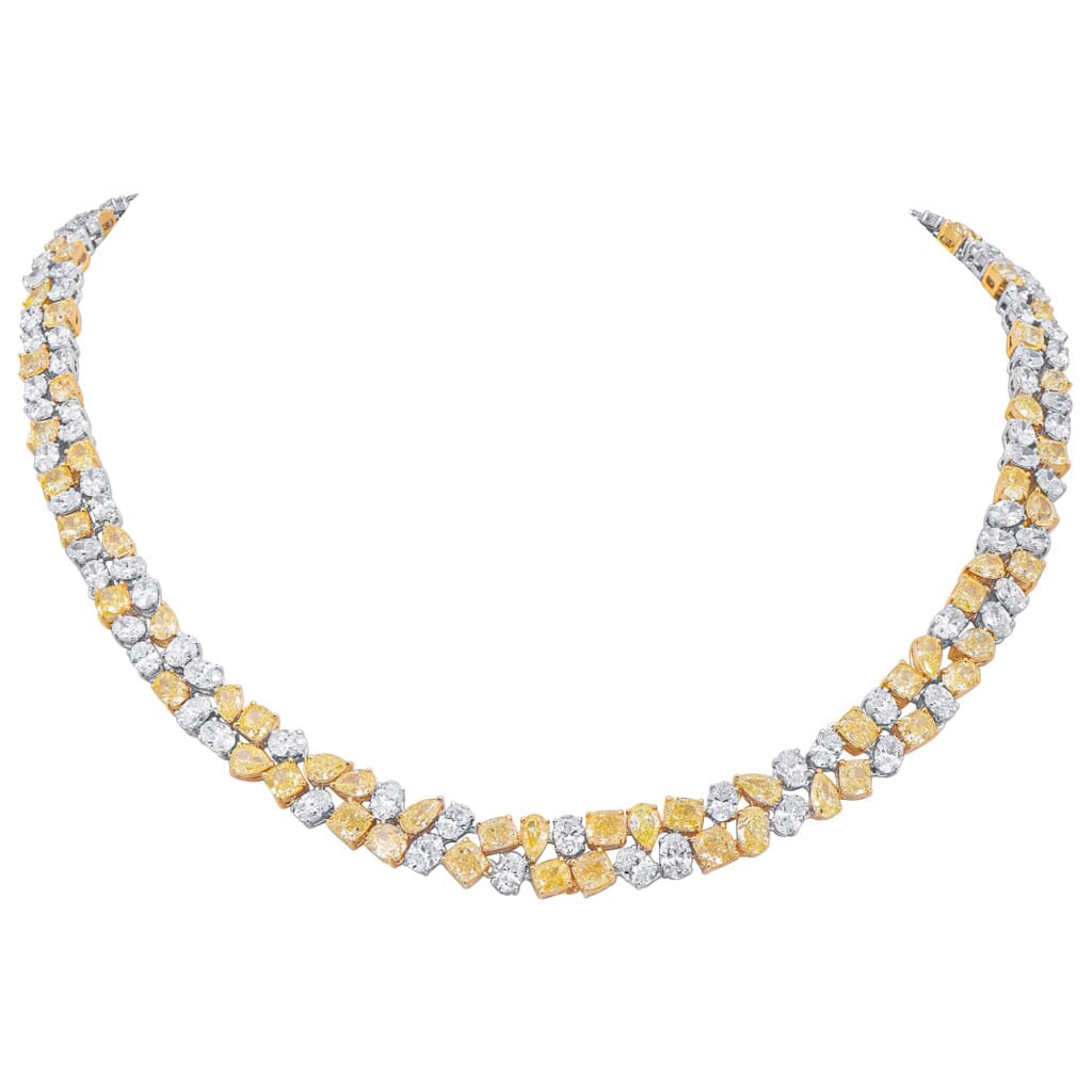 White Gold, Gold, Yellow Diamond and Diamond Two Row Necklace