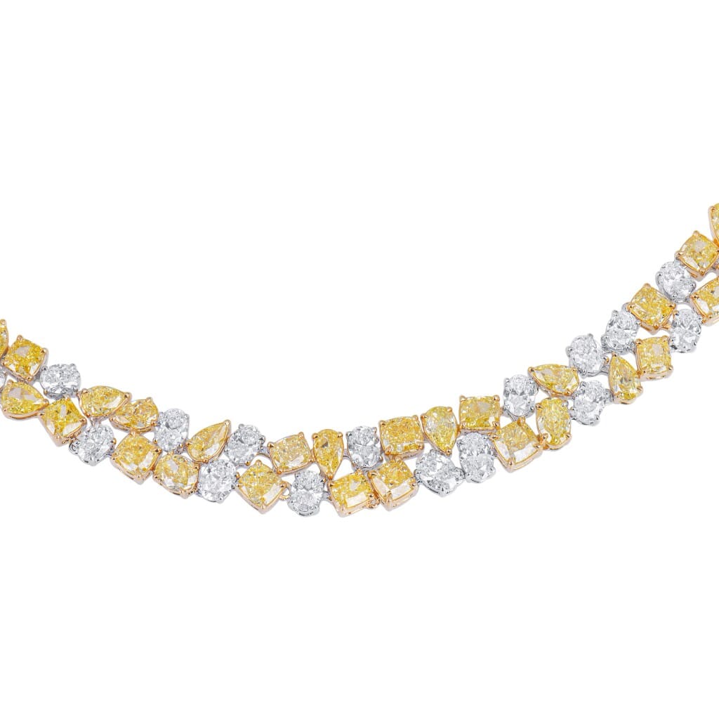 White Gold, Gold, Yellow Diamond and Diamond Two Row Necklace