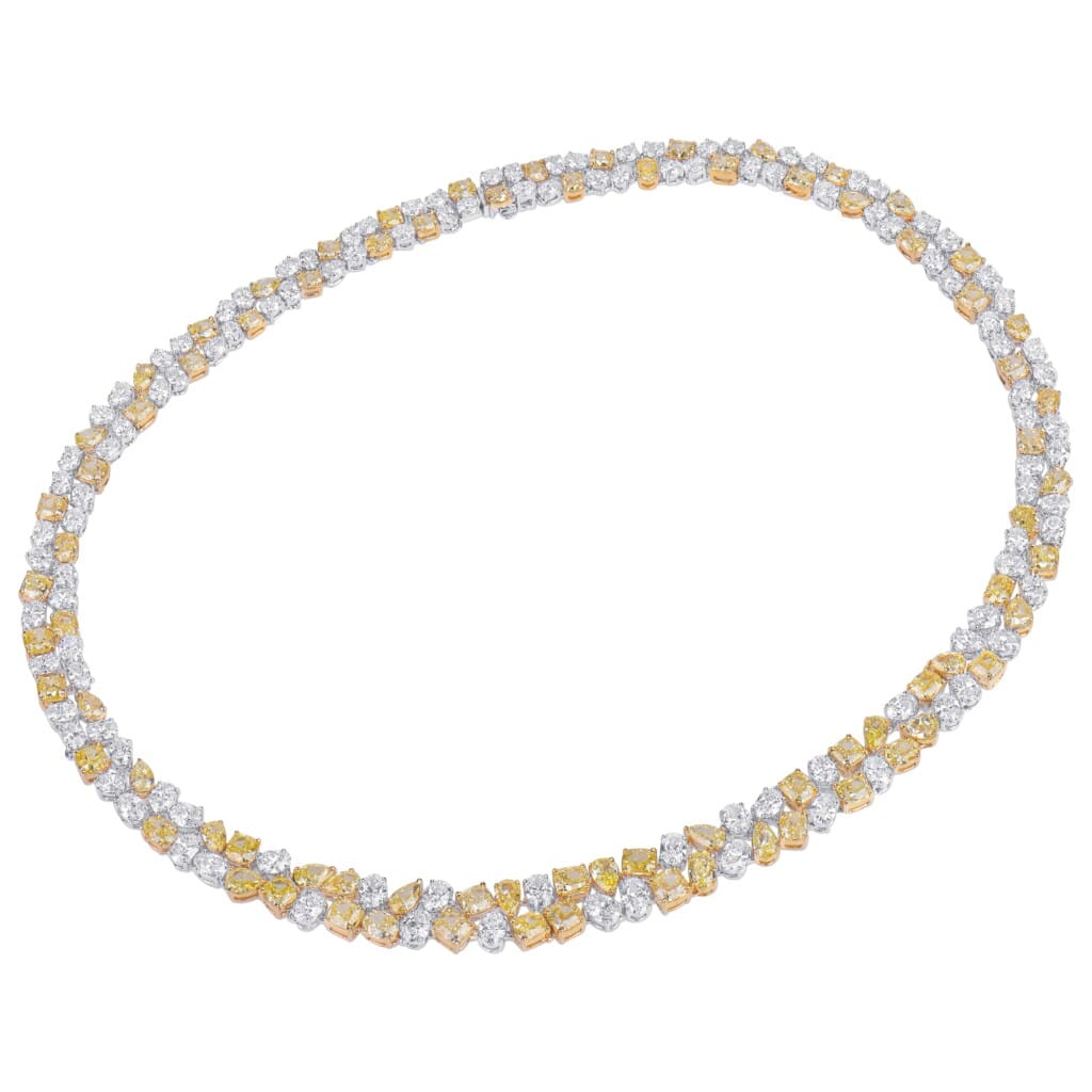 White Gold, Gold, Yellow Diamond and Diamond Two Row Necklace