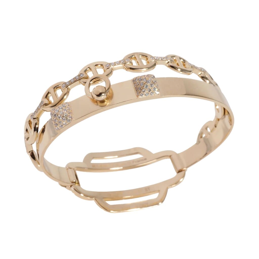 Gold and Diamond Double Tour Collier De Chien Bangle Bracelet