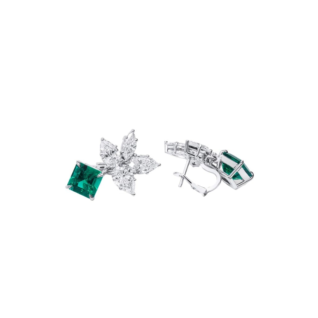 White Gold, 3.66ctw Colombian Emerald and Diamond Cluster Drop Earrings