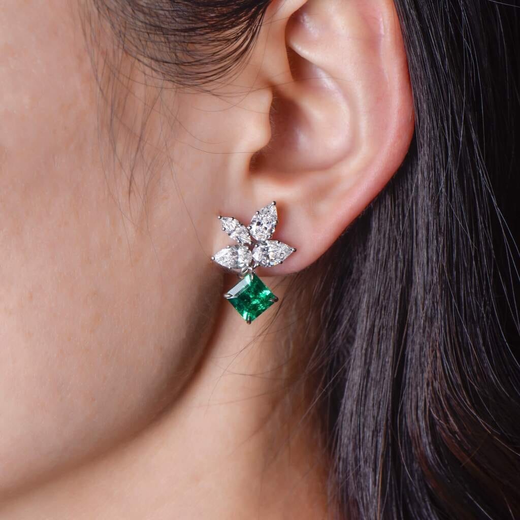 White Gold, 3.66ctw Colombian Emerald and Diamond Cluster Drop Earrings