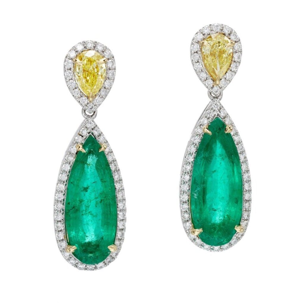 White Gold, Gold, 6.19ctw Colombian Emerald, Yellow Diamond and Diamond Drop Earrings