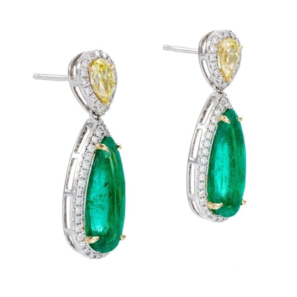 White Gold, Gold, 6.19ctw Colombian Emerald, Yellow Diamond and Diamond Drop Earrings