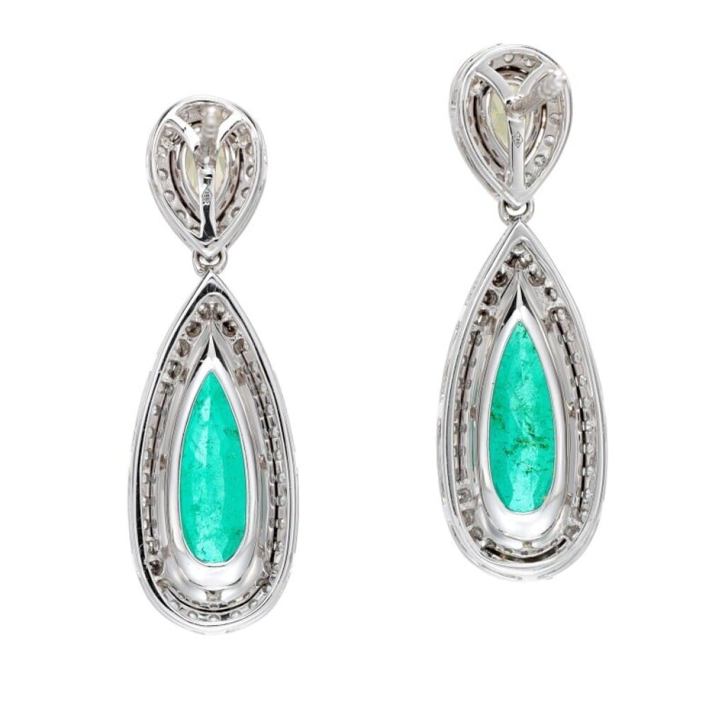 White Gold, Gold, 6.19ctw Colombian Emerald, Yellow Diamond and Diamond Drop Earrings
