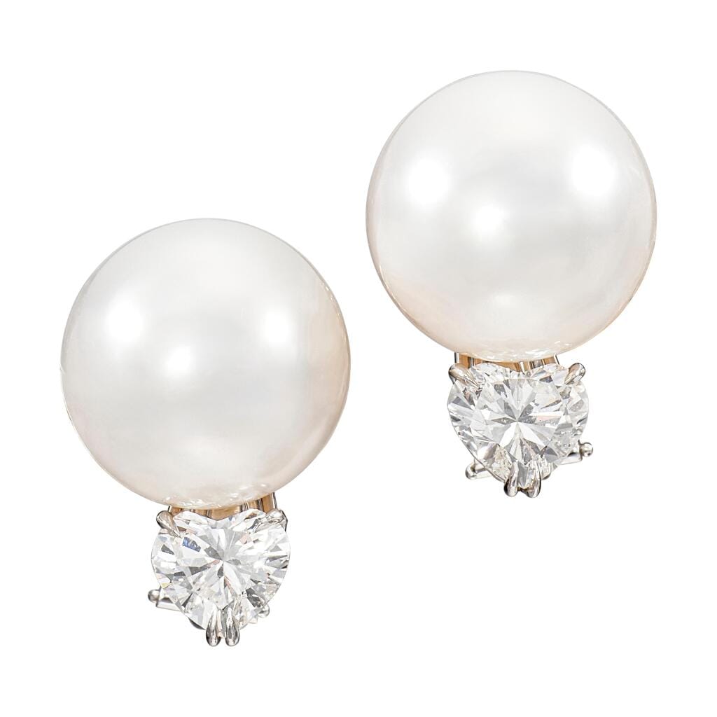 Platinum, Cultured Pearl and Diamond Earclips