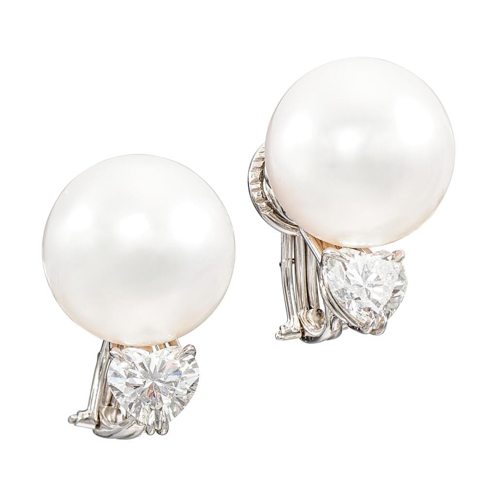 Platinum, Cultured Pearl and Diamond Earclips