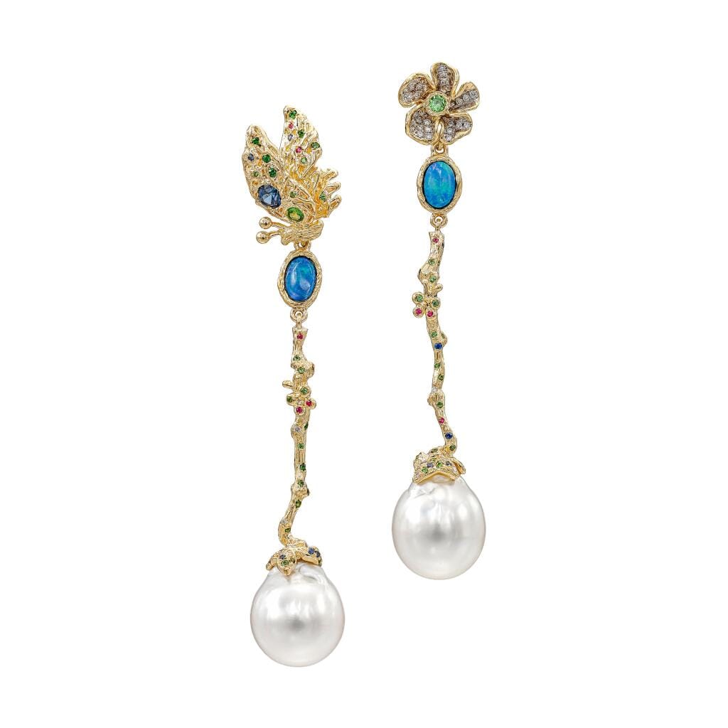 Gold, Cultured Baroque Pearl, Sapphire, Opal, Tsavorite Earrings