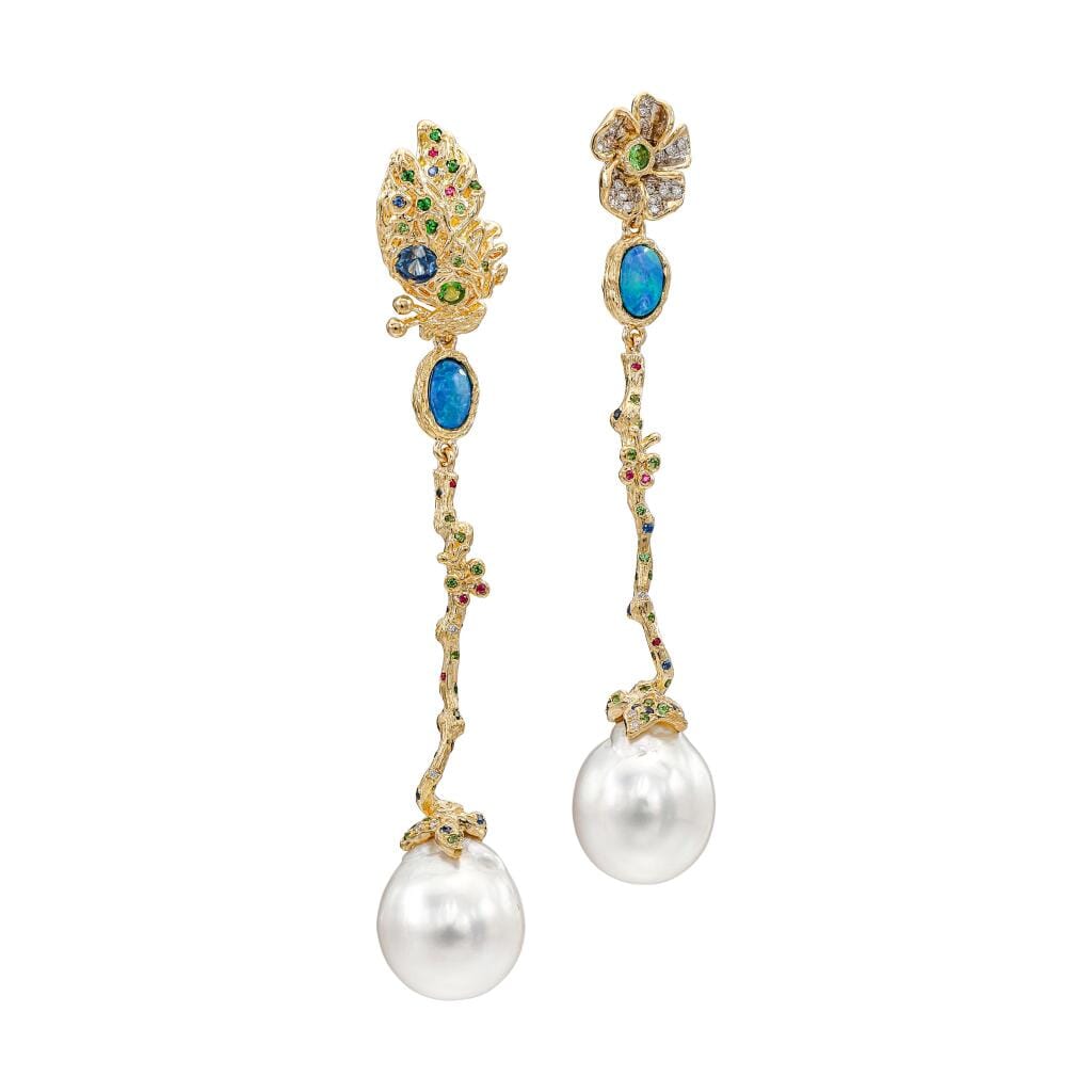 Gold, Cultured Baroque Pearl, Sapphire, Opal, Tsavorite Earrings