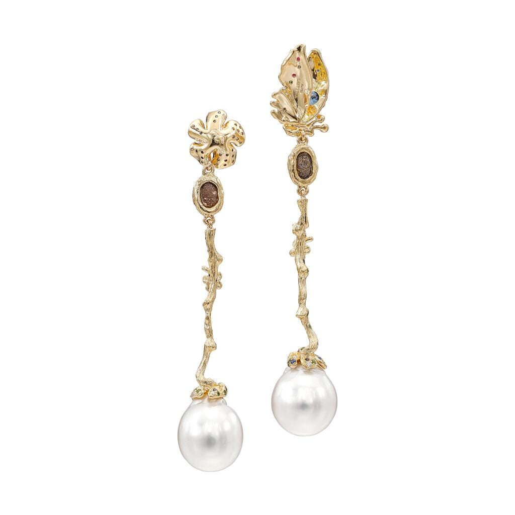 Gold, Cultured Baroque Pearl, Sapphire, Opal, Tsavorite Earrings