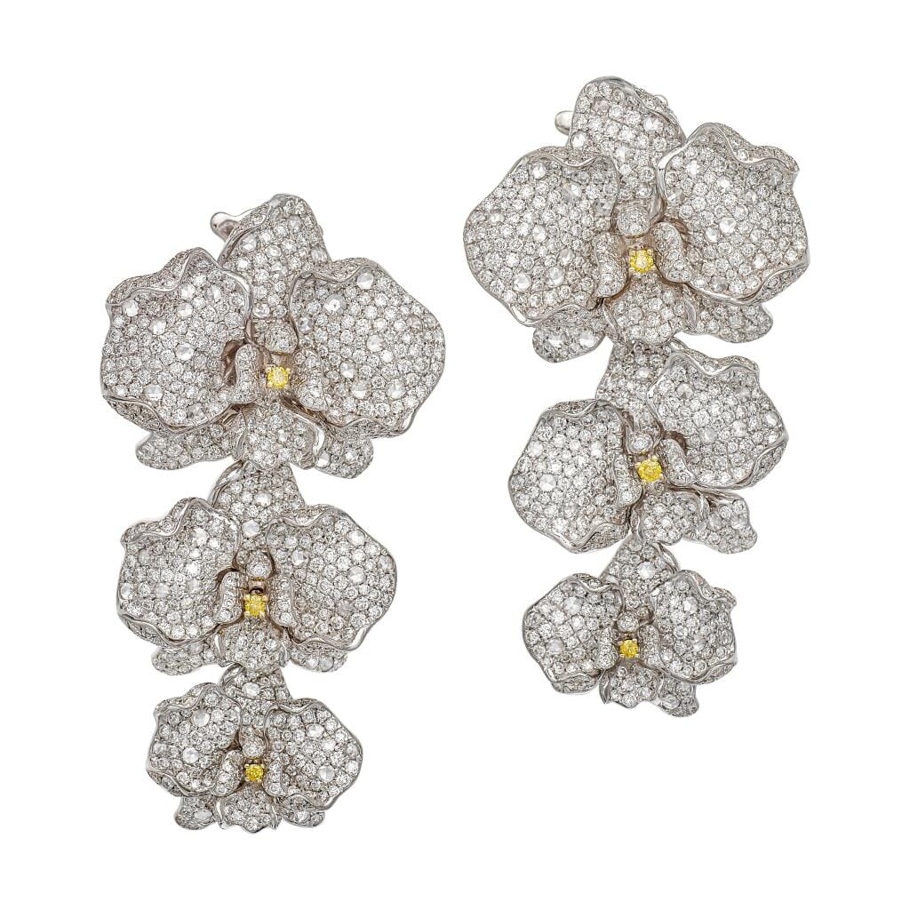 White Gold, Yellow Diamond and Diamond Orchid Earclips