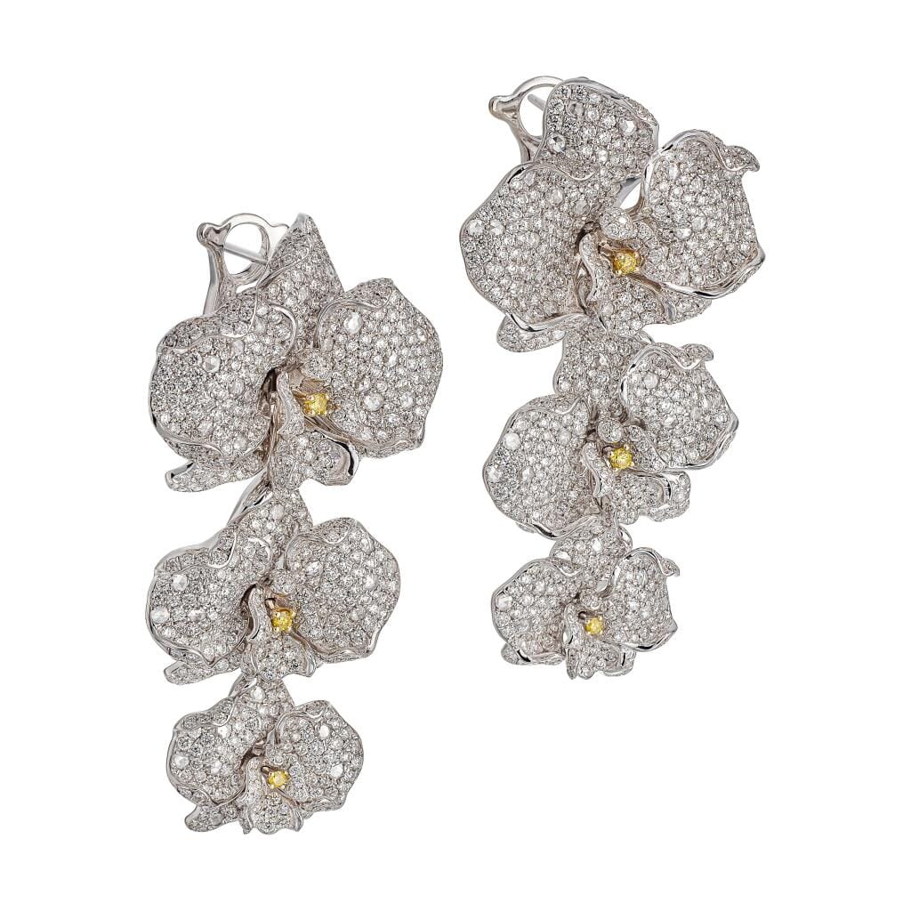 White Gold, Yellow Diamond and Diamond Orchid Earclips