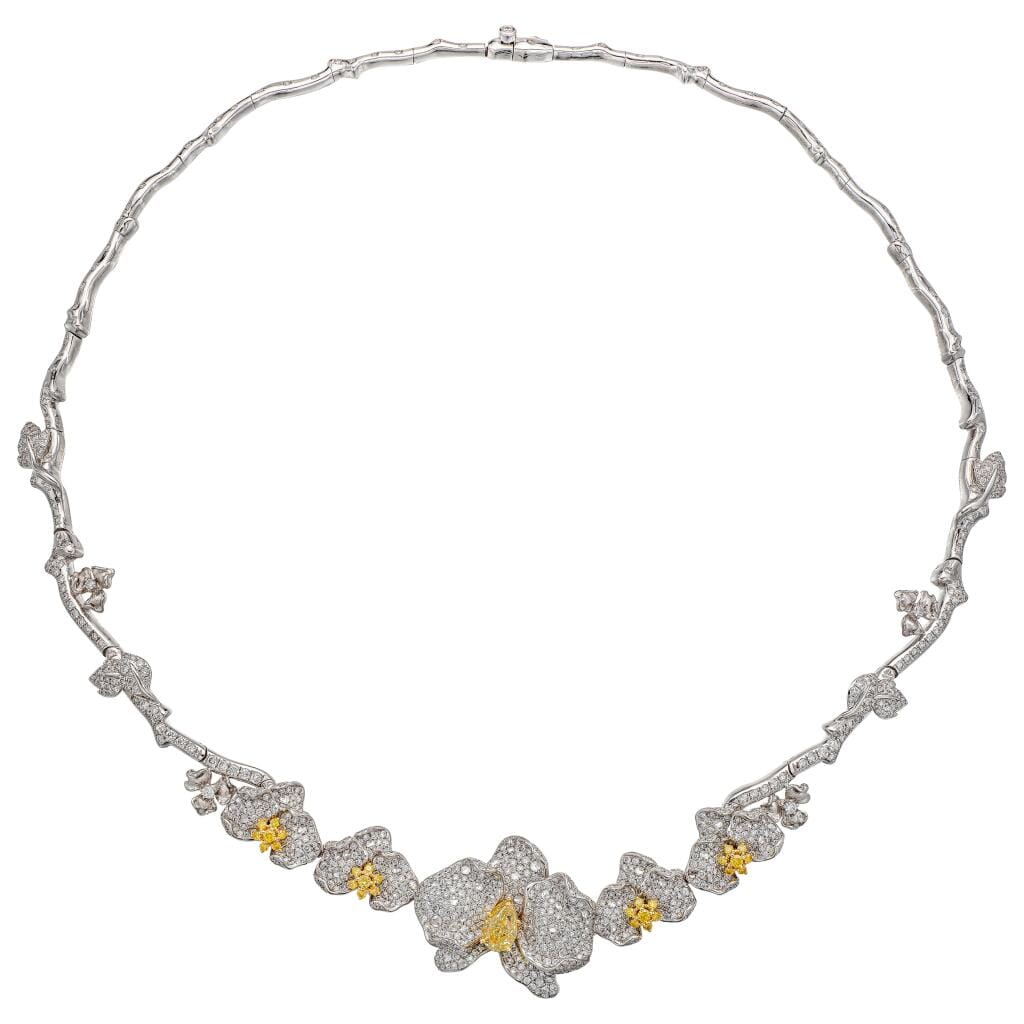White Gold, 1.01ct Pear Shape Fancy Yellow Diamond, Yellow Diamond and Diamond Orchid Necklace