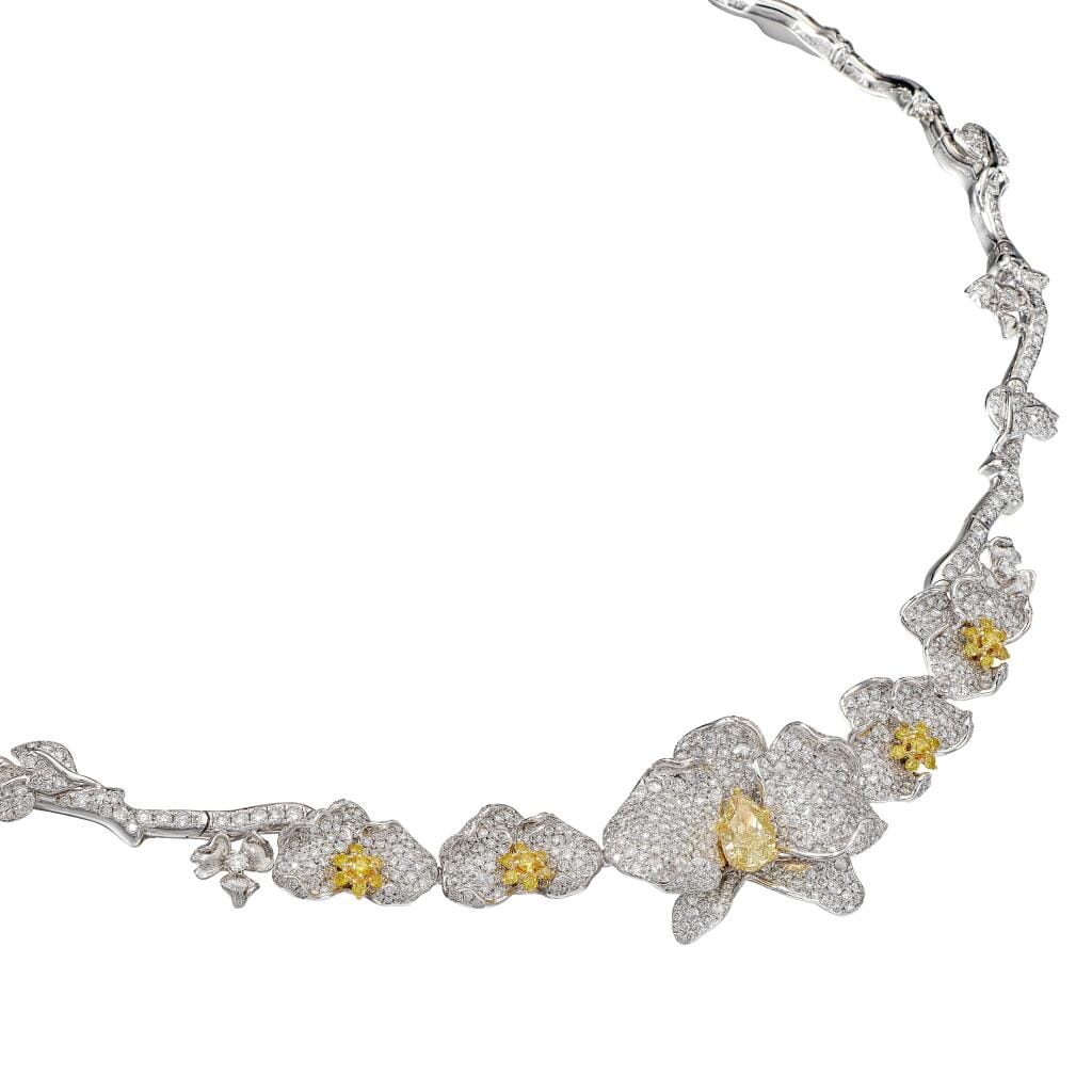 White Gold, 1.01ct Pear Shape Fancy Yellow Diamond, Yellow Diamond and Diamond Orchid Necklace