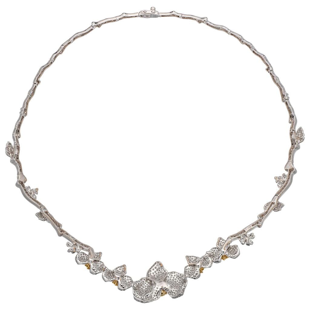 White Gold, 1.01ct Pear Shape Fancy Yellow Diamond, Yellow Diamond and Diamond Orchid Necklace
