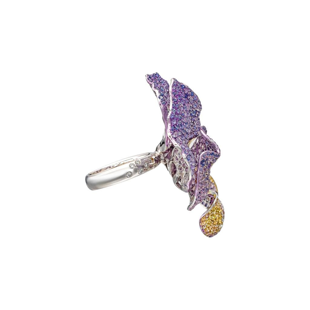 White Gold, Cultured Pearl, Coloured Sapphires and Diamond Pansy Ring