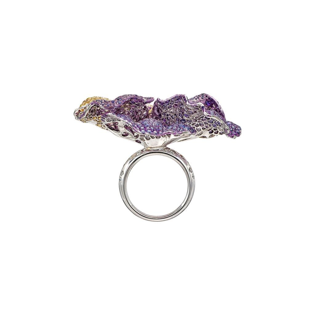 White Gold, Cultured Pearl, Coloured Sapphires and Diamond Pansy Ring
