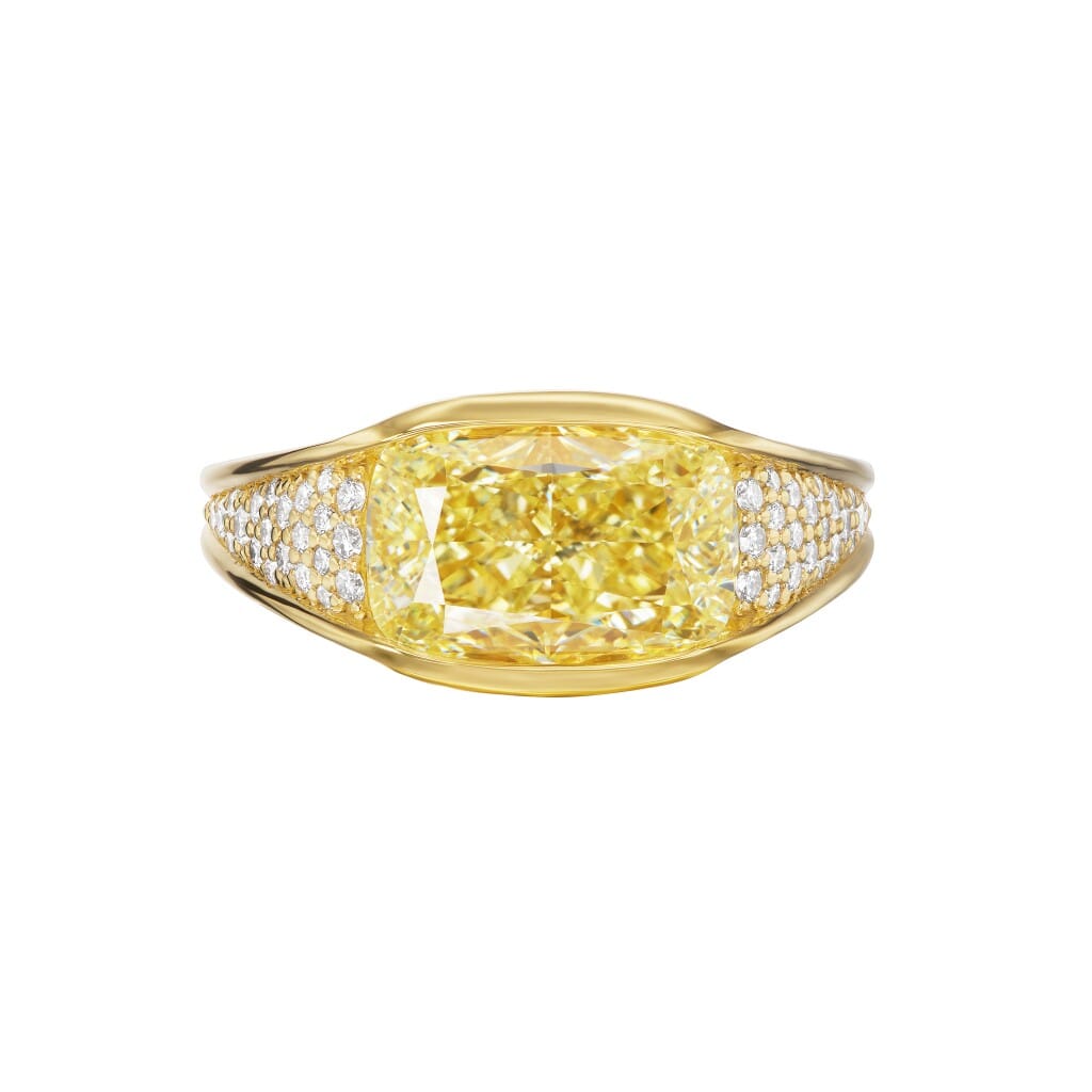 Gold, 4.11ct Cushion Cut Fancy Yellow Diamond and Diamond Ring