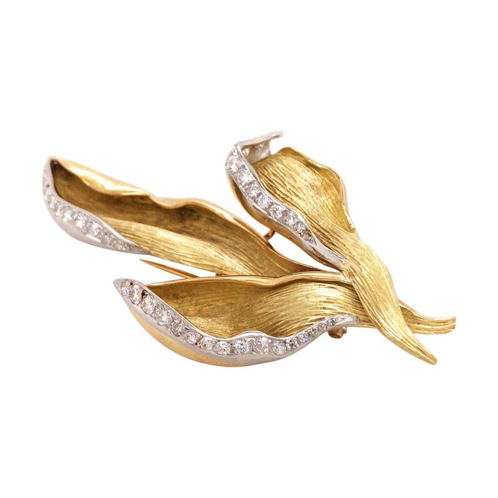 Vintage Gold, White Gold and Diamond Leaf Brooch