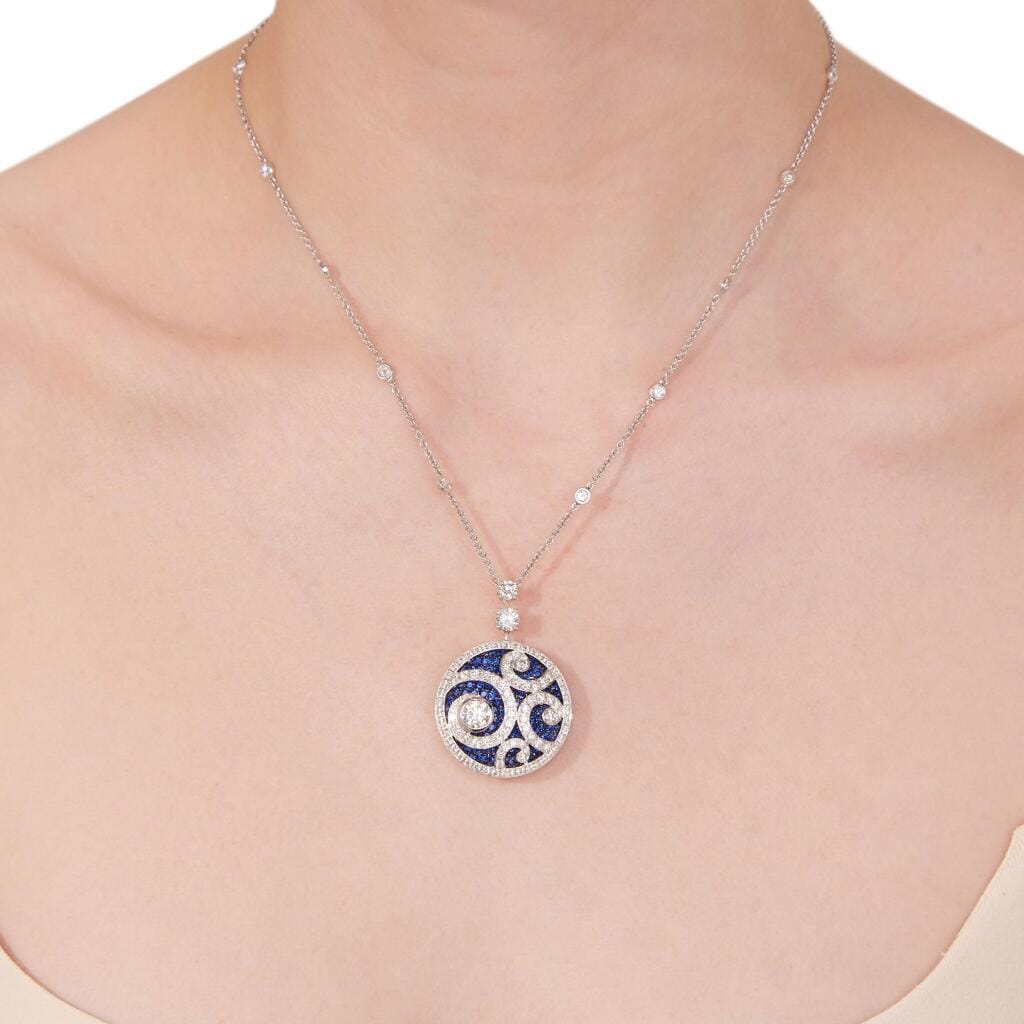 White Gold, Sapphire and Diamond Medallion Pendant Necklace