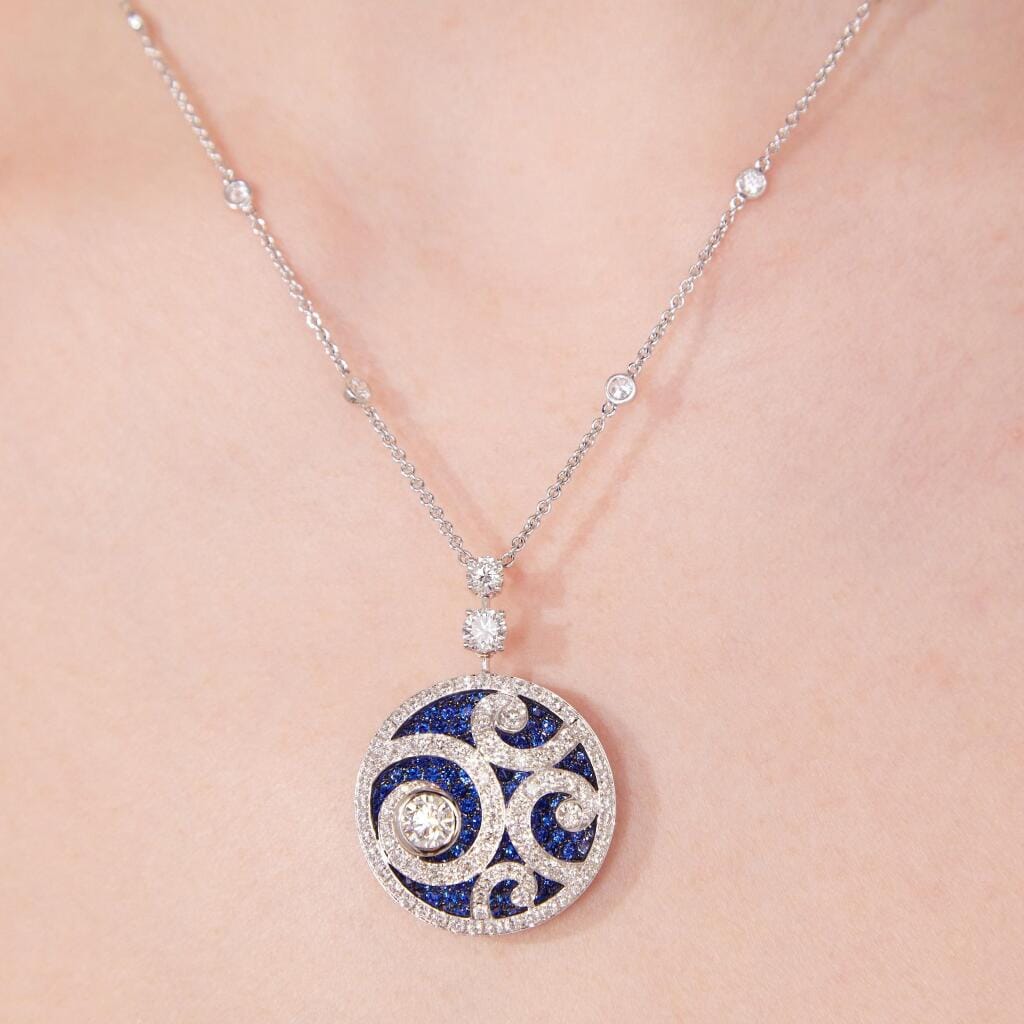 White Gold, Sapphire and Diamond Medallion Pendant Necklace