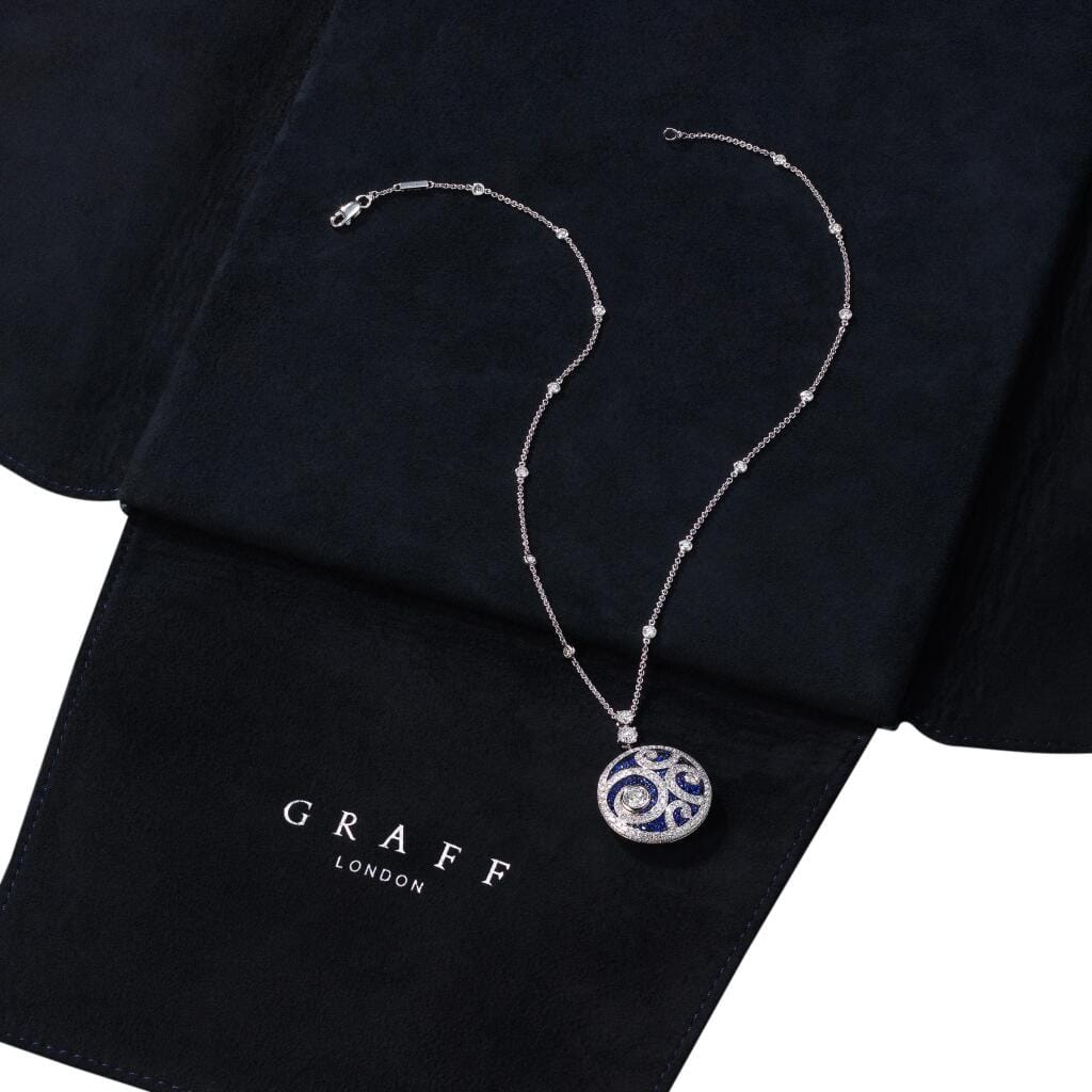 White Gold, Sapphire and Diamond Medallion Pendant Necklace