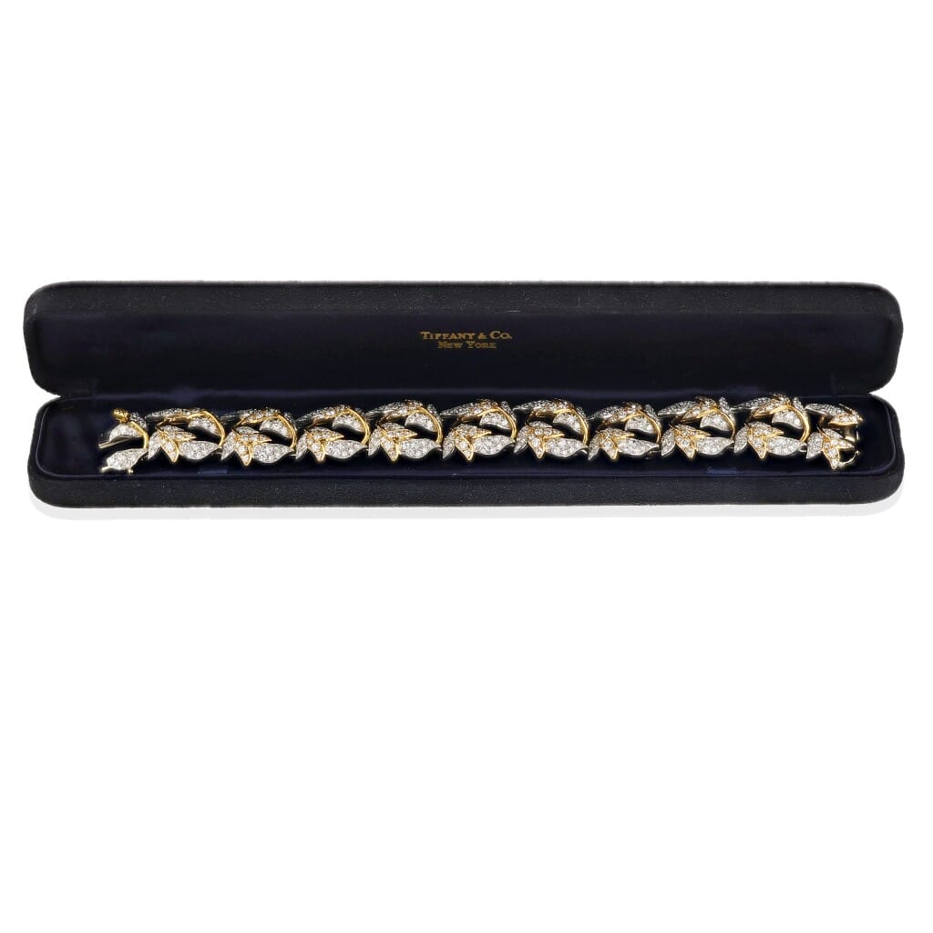Vintage Platinum, Gold and Diamond Feuilles Bracelet