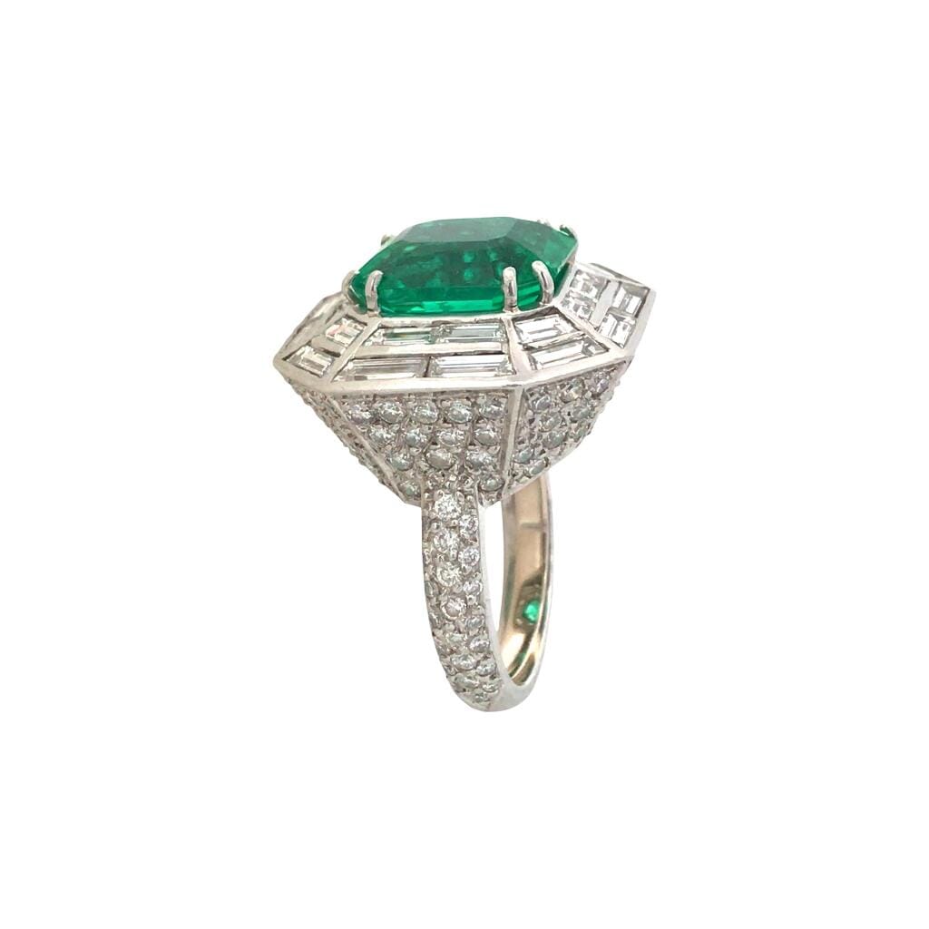 Vintage Platinum, 6.45ct Colombian Emerald and Diamond Ring