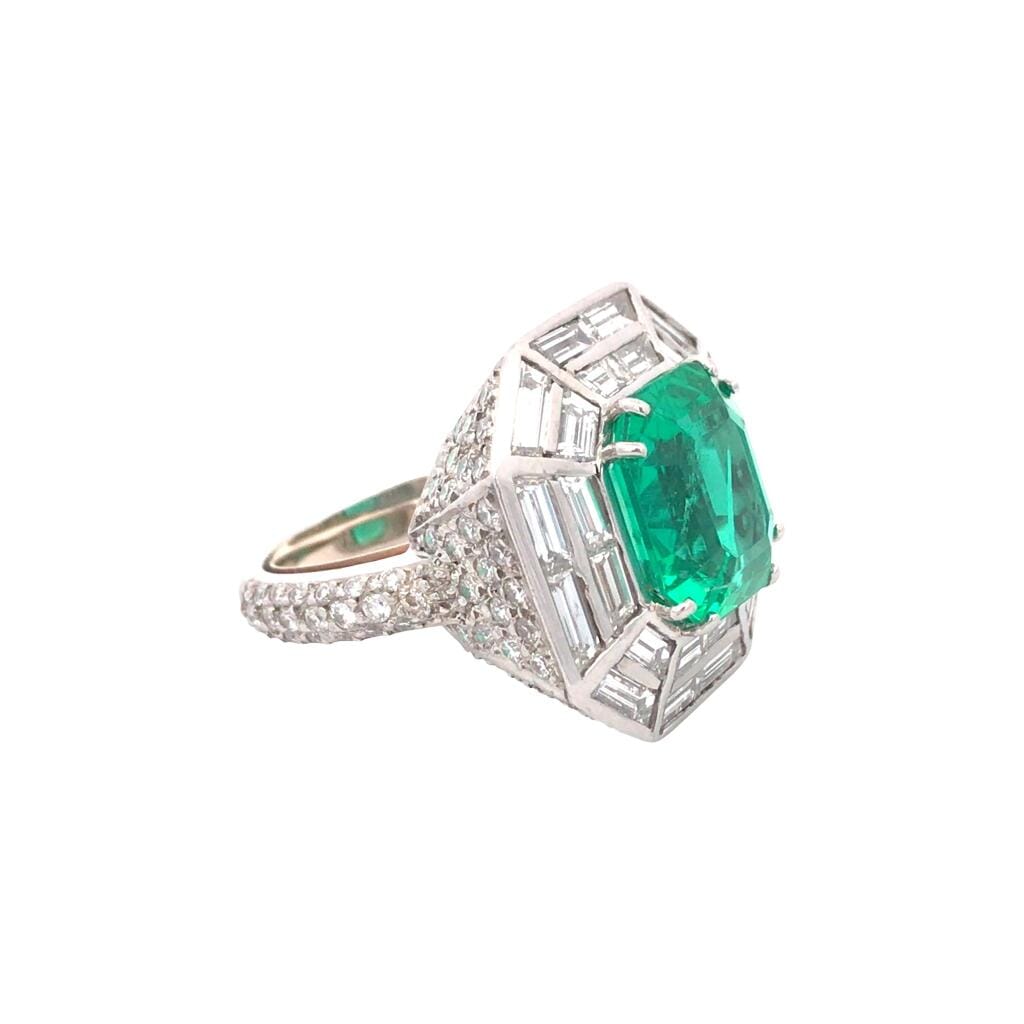 Vintage Platinum, 6.45ct Colombian Emerald and Diamond Ring