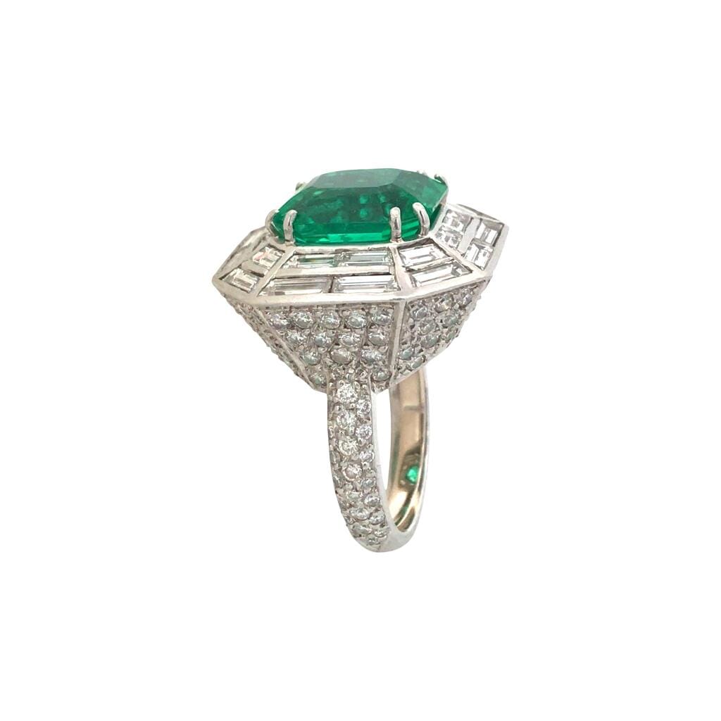 Vintage Platinum, 6.45ct Colombian Emerald and Diamond Ring