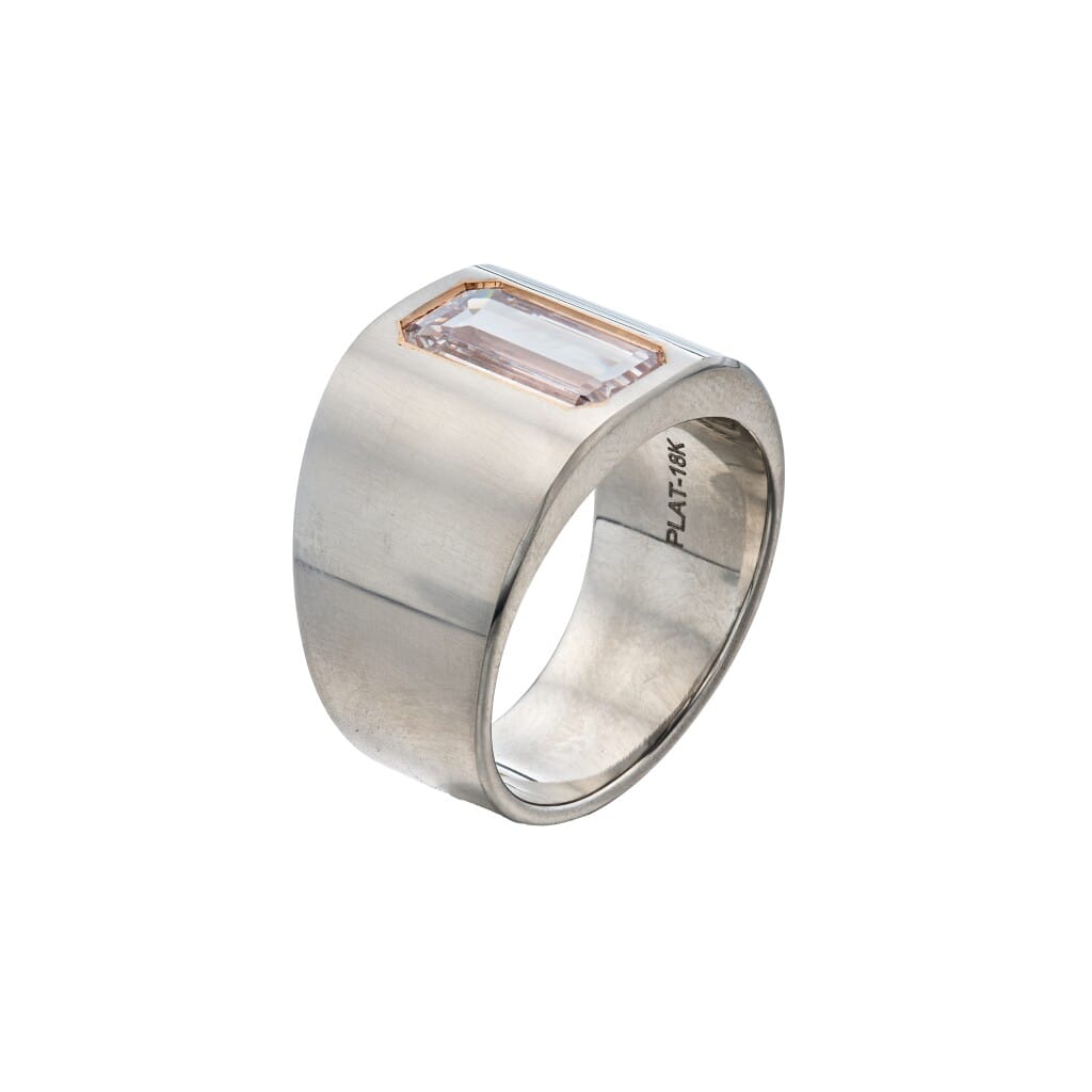 Platinum, Rose Gold and 2.01ct Emerald Cut Faint Pink Diamond Cigar Band Ring