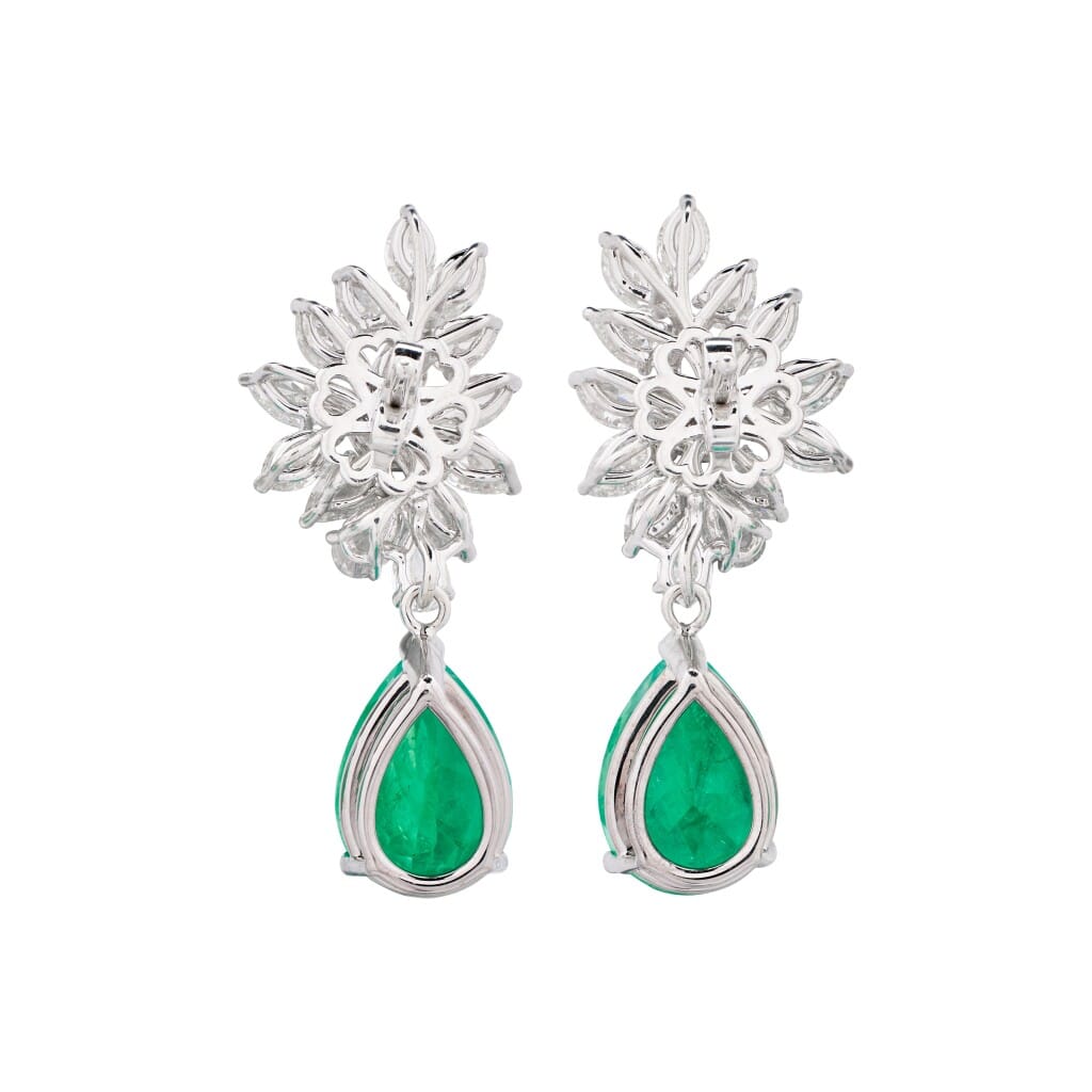 White Gold, 9.21ctw Colombian Emerald and Diamond Cluster Drop Earrings