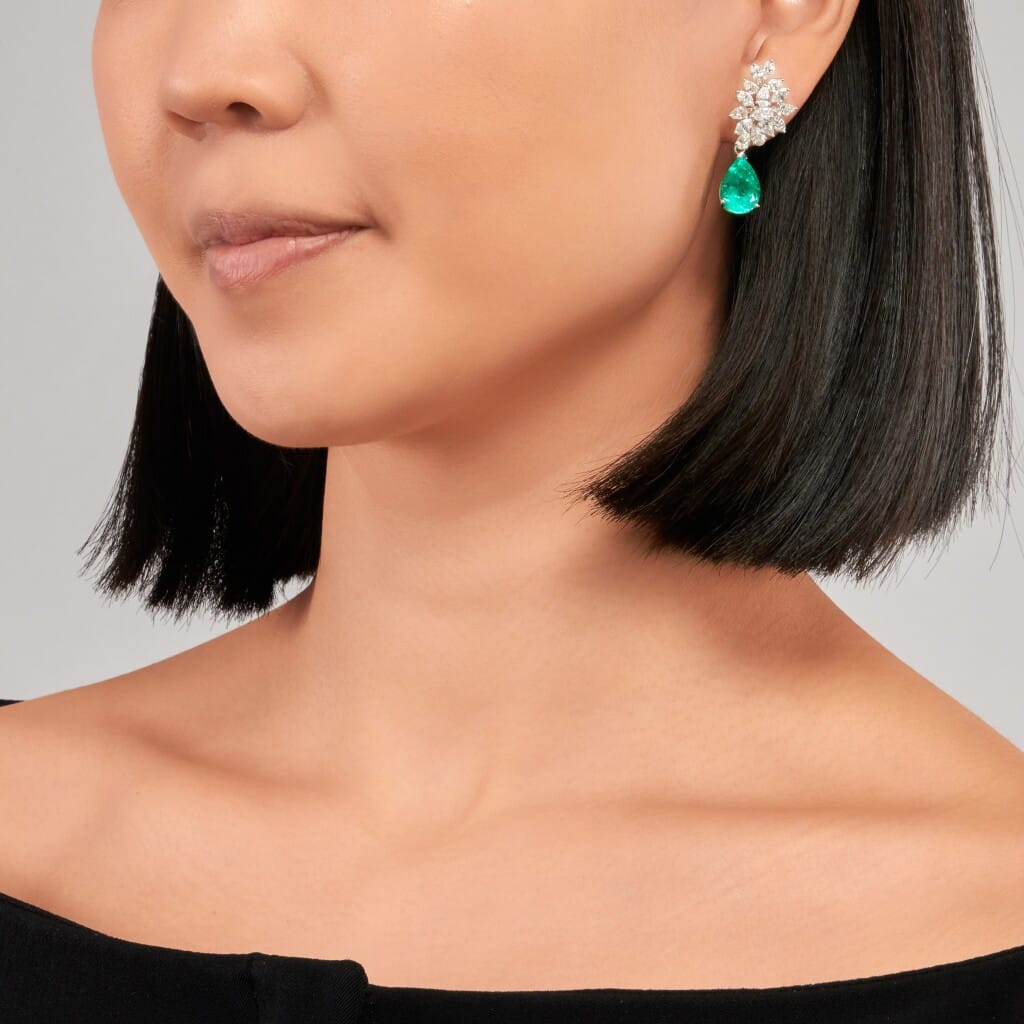 White Gold, 9.21ctw Colombian Emerald and Diamond Cluster Drop Earrings