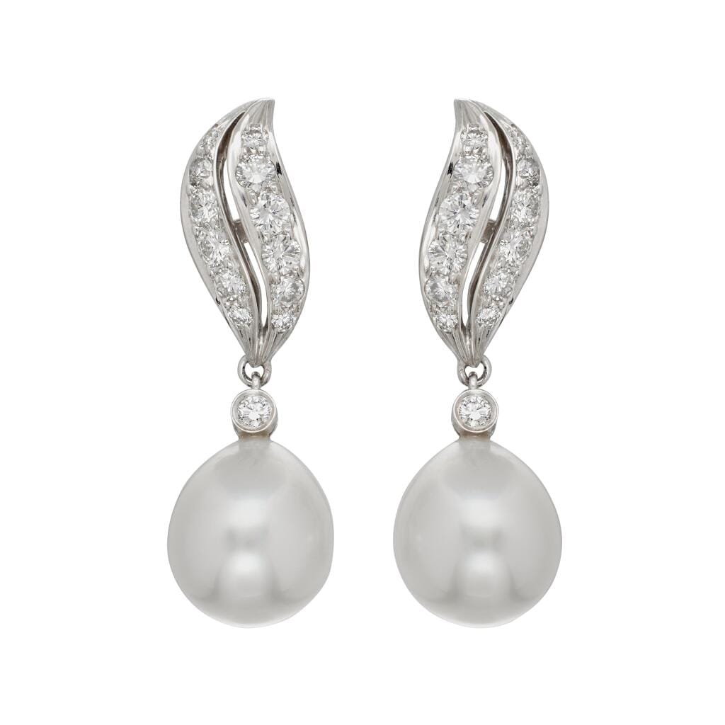 White Gold, Cultured Pearl and Diamond Drop Earrings