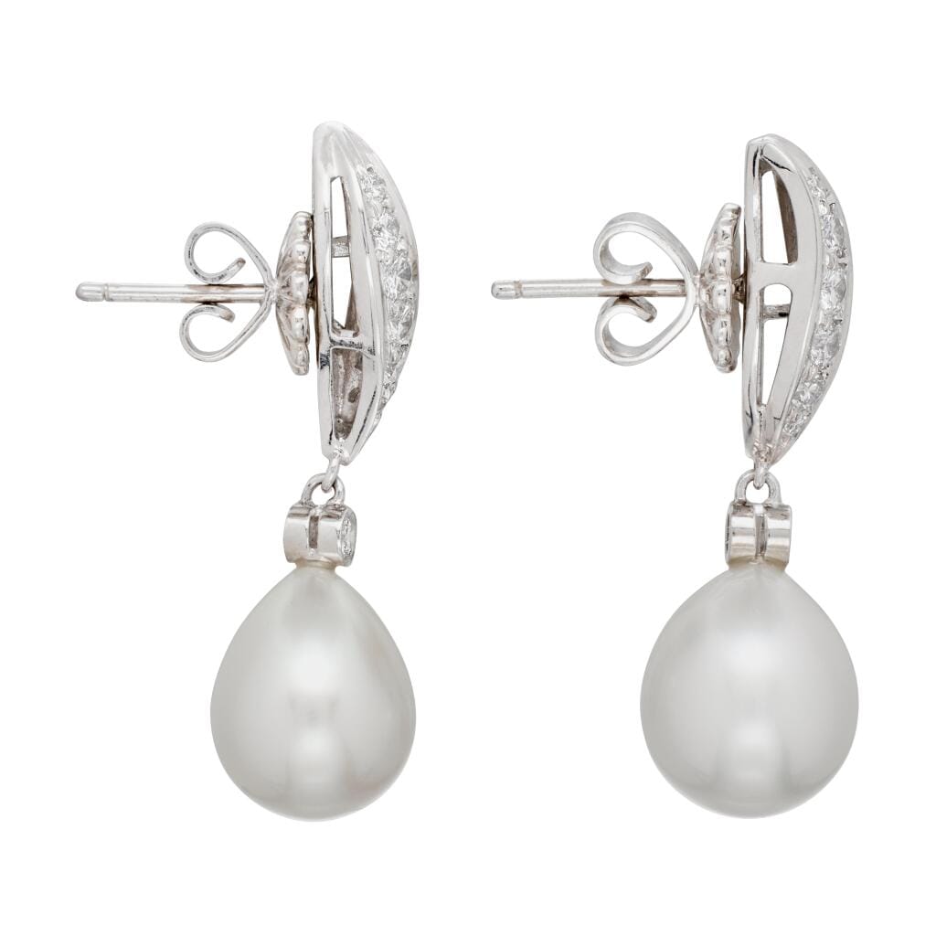 White Gold, Cultured Pearl and Diamond Drop Earrings