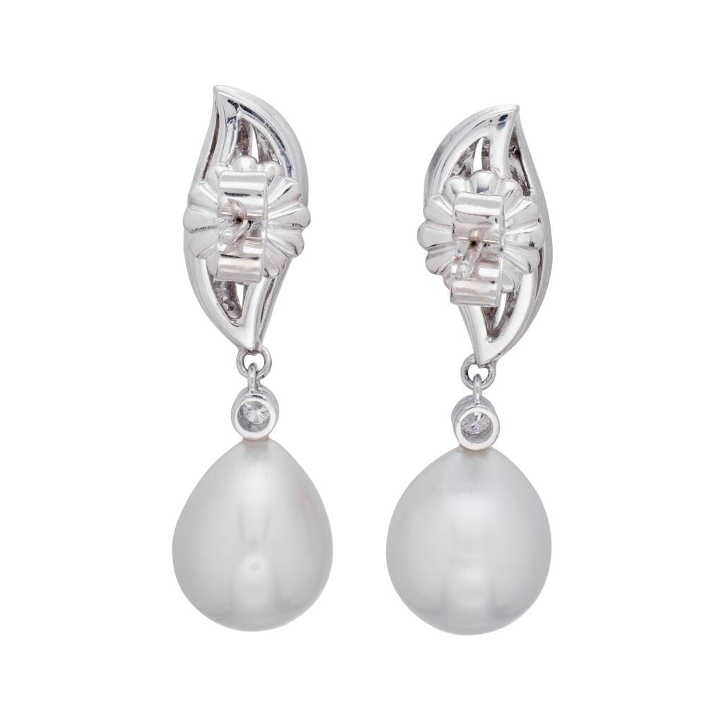 White Gold, Cultured Pearl and Diamond Drop Earrings