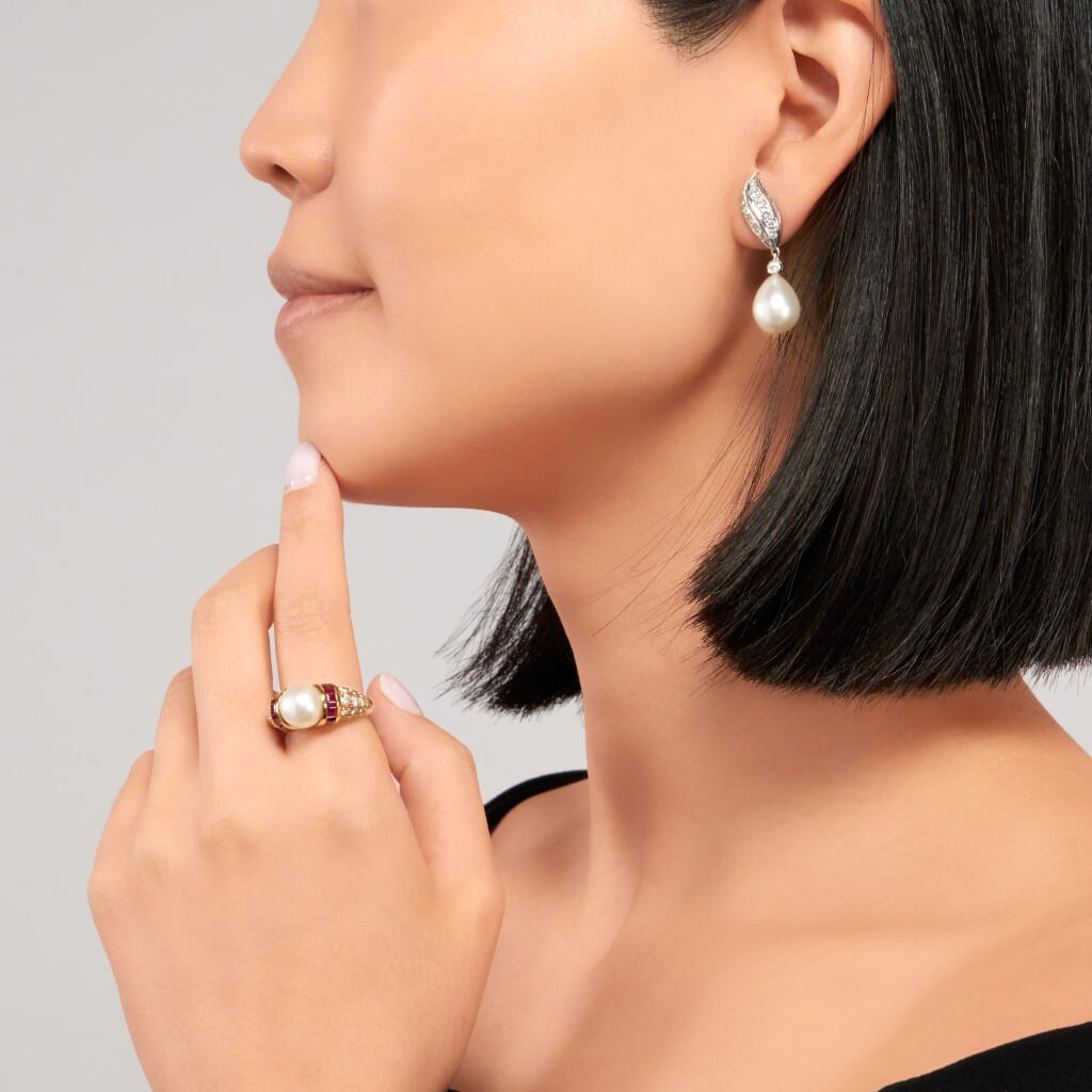 White Gold, Cultured Pearl and Diamond Drop Earrings