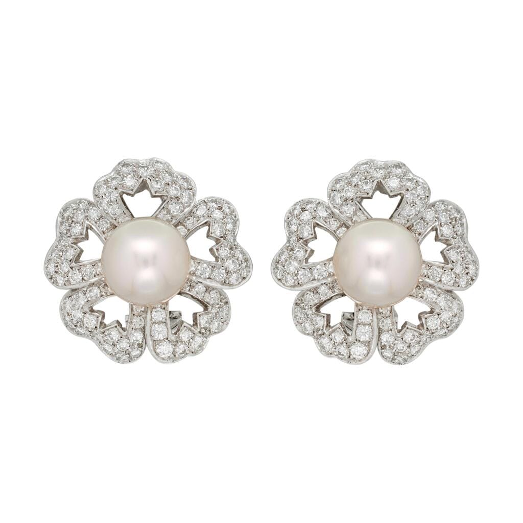 White Gold, Cultured Pearl and Diamond Floral Earclips