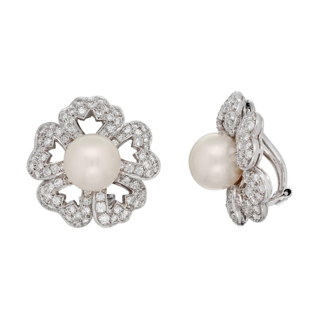 White Gold, Cultured Pearl and Diamond Floral Earclips
